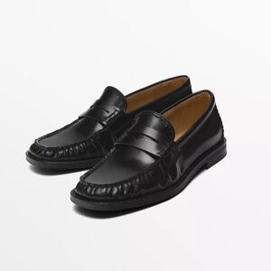 MASSIMO DUTTI Black Leather Penny Loafers Size 6.5